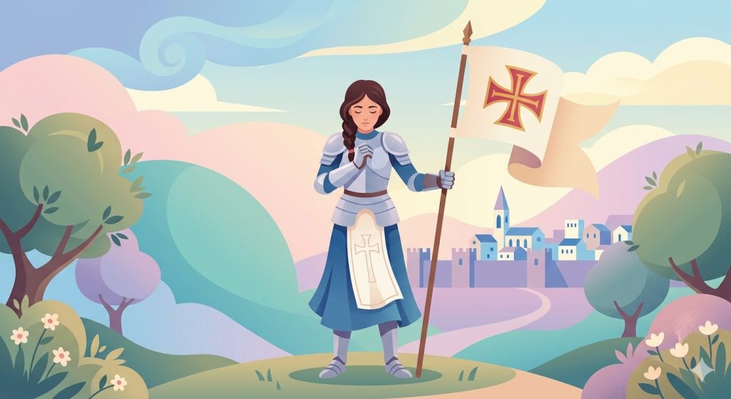 Foi inébranlable de Sainte Jeanne d’Arc - une jeune femme en armure simplifiée tenant un étendard marqué d'une croix en prière